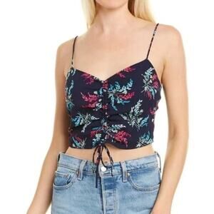 Likely Alias Ruched Crop Top Women's Size Medium Navy Blue Floral Print V-Neck